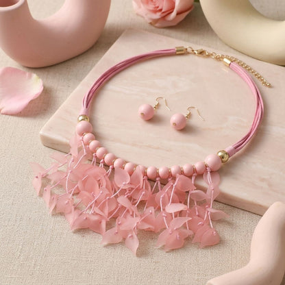 Pink Cascading Leaves Beaded Cord Necklace