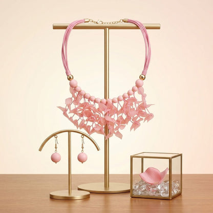 Pink Cascading Leaves Beaded Cord Necklace