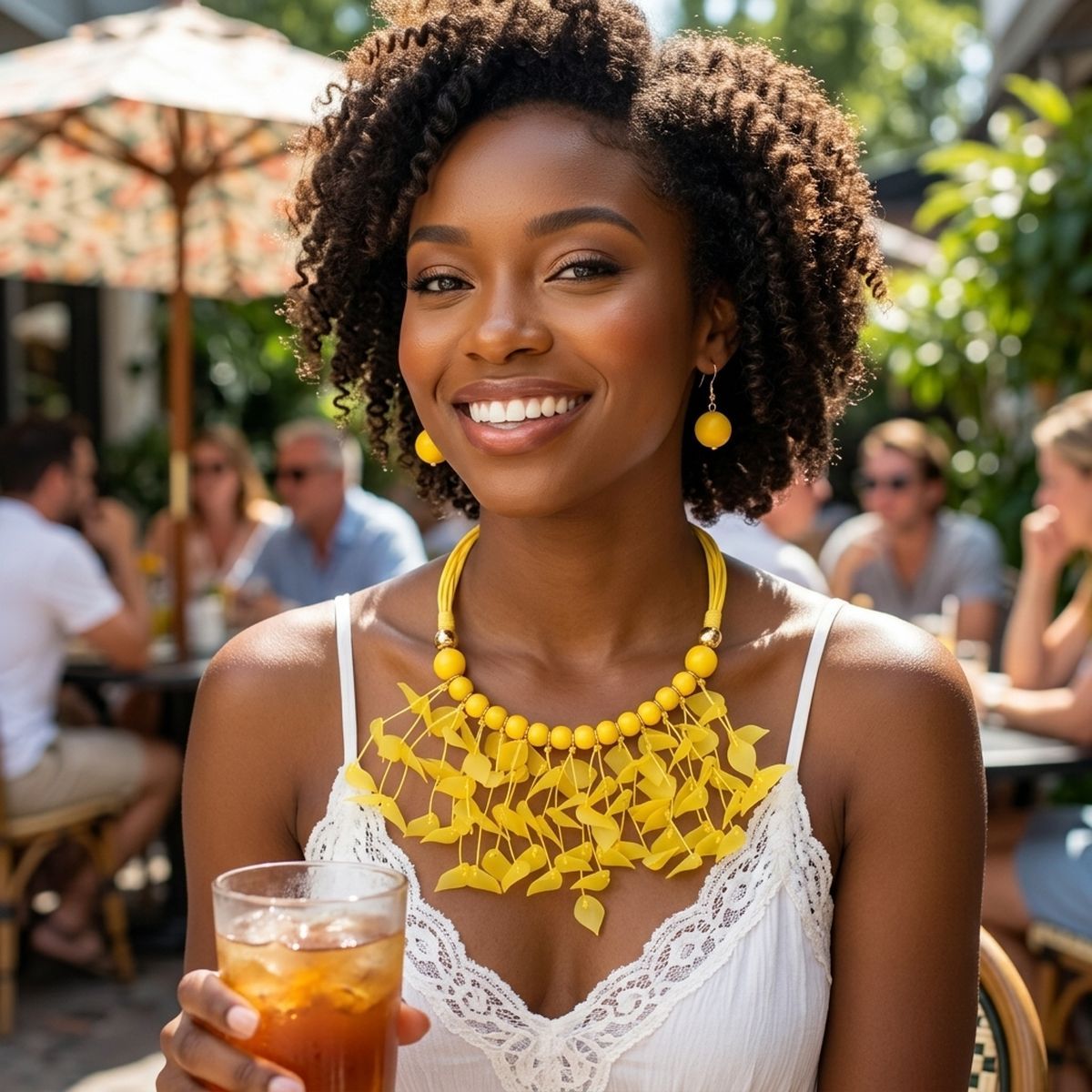 Yellow Cascading Leaves Beaded Cord Necklace