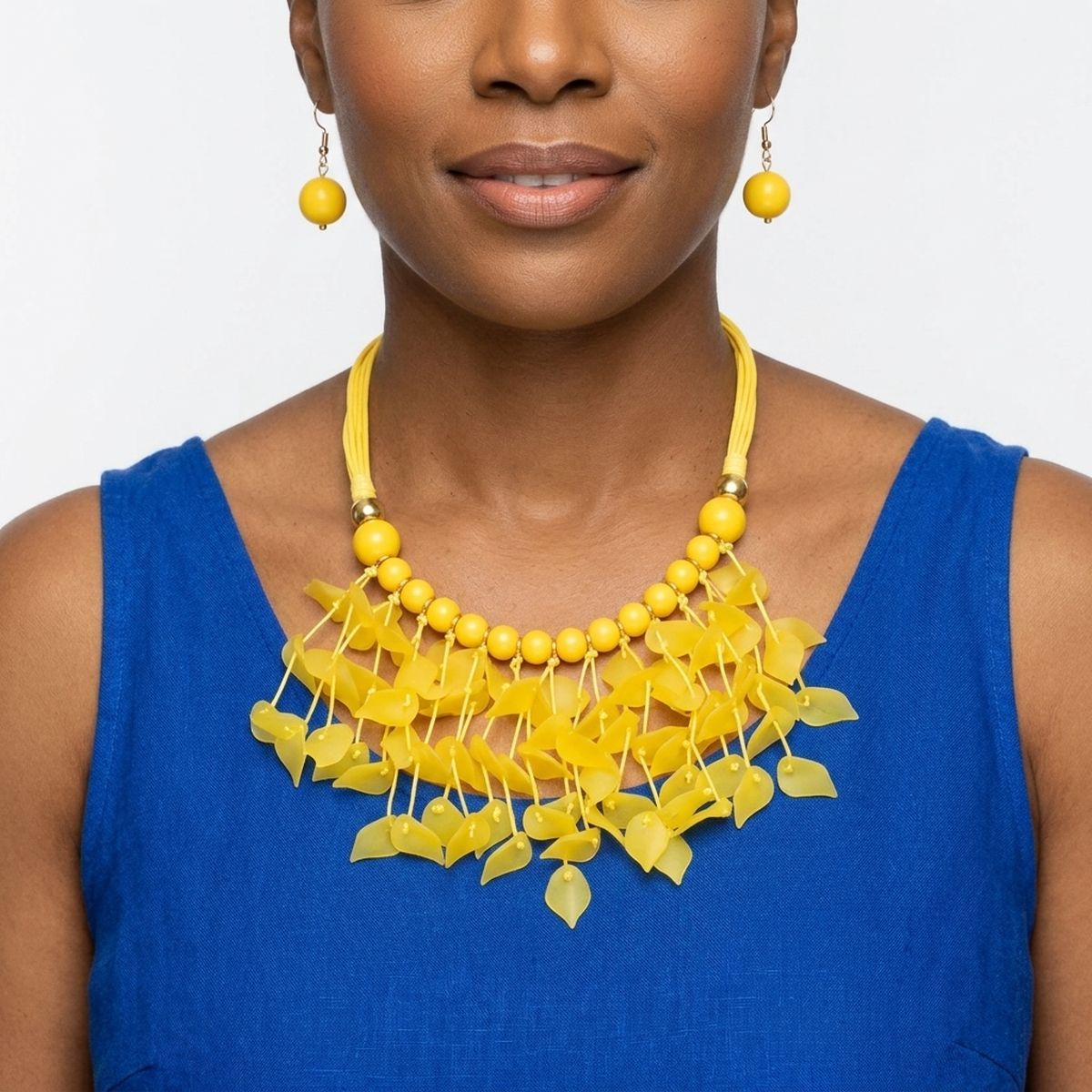 Yellow Cascading Leaves Beaded Cord Necklace