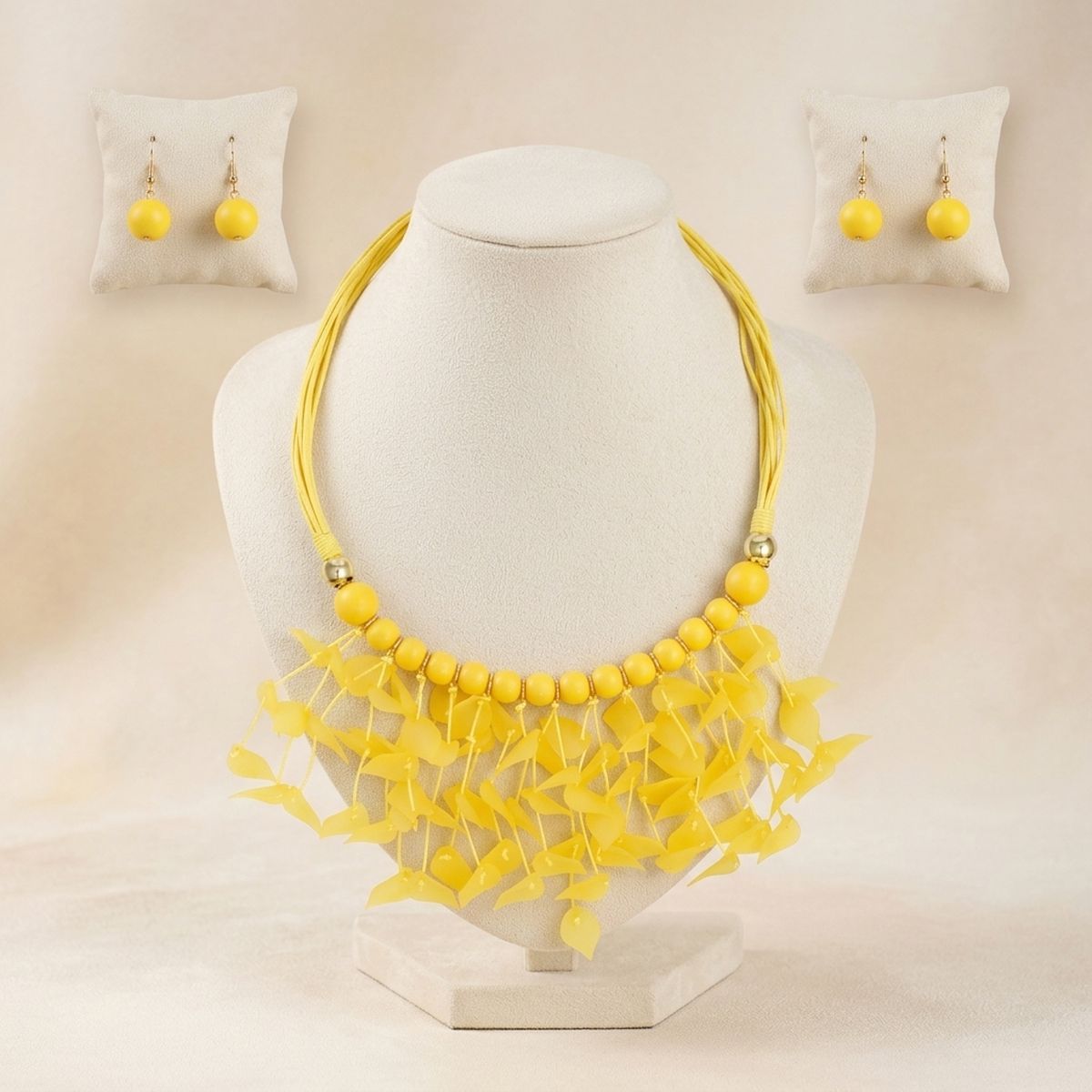 Yellow Cascading Leaves Beaded Cord Necklace