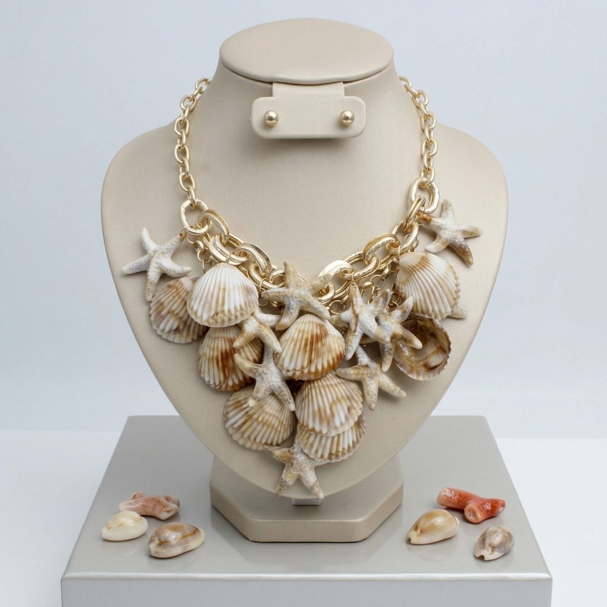 Shell and Starfish Bib Seaside Drop Gold Necklace