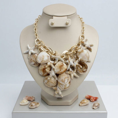 Shell and Starfish Bib Seaside Drop Gold Necklace