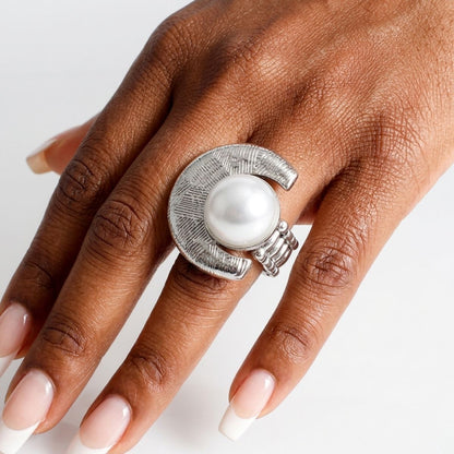 Chunky Silver Textured Crescent Pearl Ring