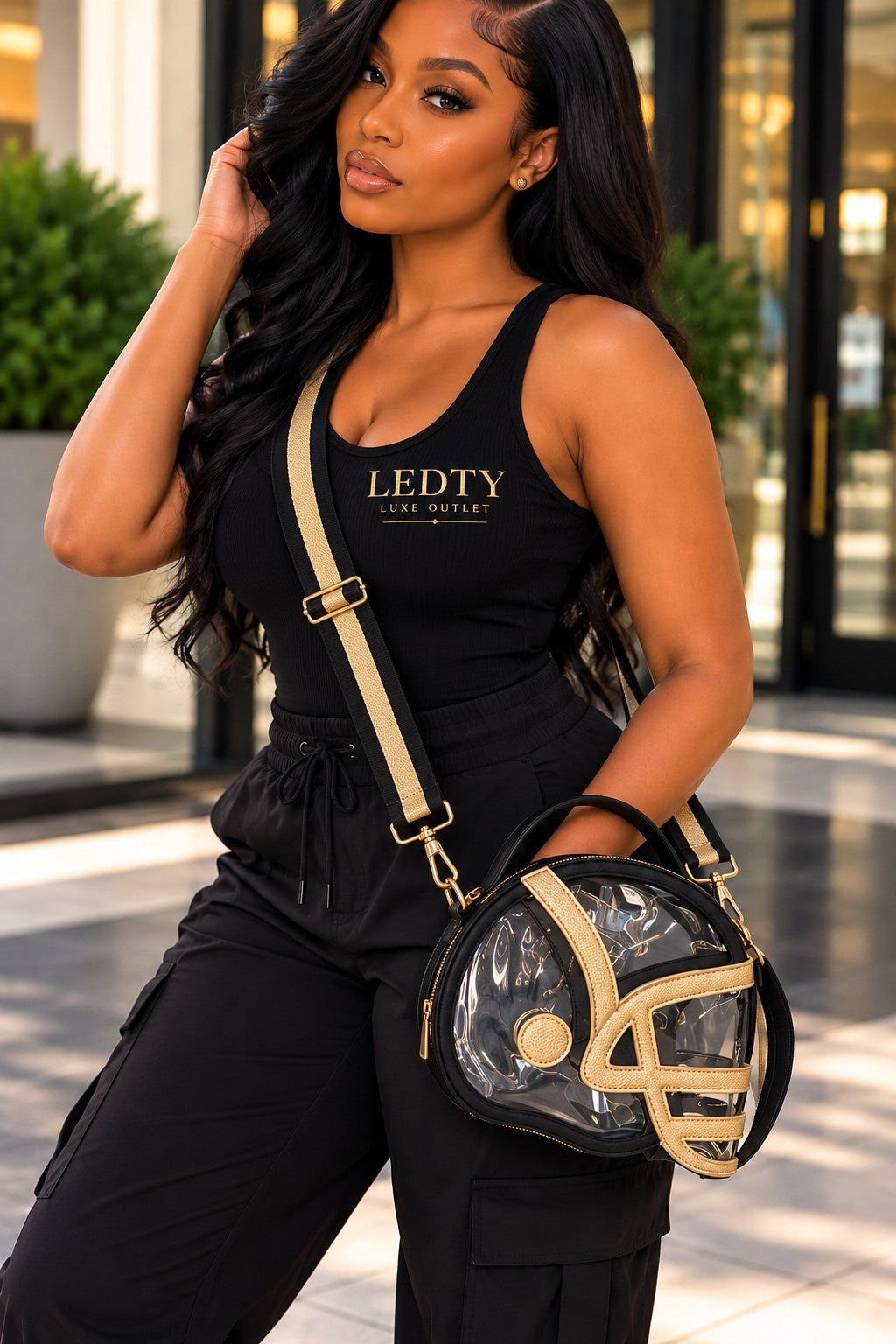 LEDTY model wearing black and gold football helmet clear crossbody handbag