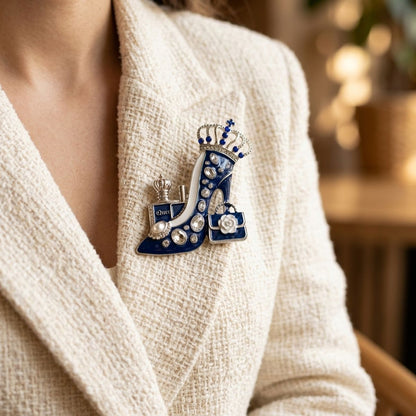 Blue White Silver High Heel Queen Brooch Pin