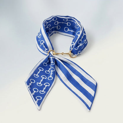 Horsebit Blue White Print Silky Scarf Necklace