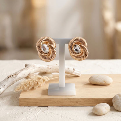 Gold Ribbed Swirl Crystal Stud Earrings